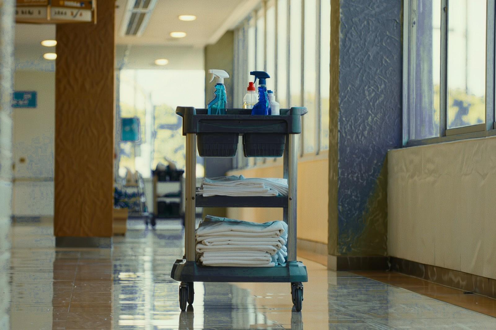 A cleaning cart with organized supplies in a bright commercial hallway