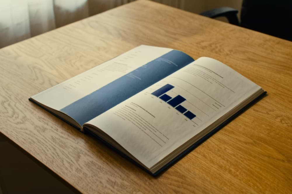 A designed presentation booklet open on an oak desk showing a navy chart