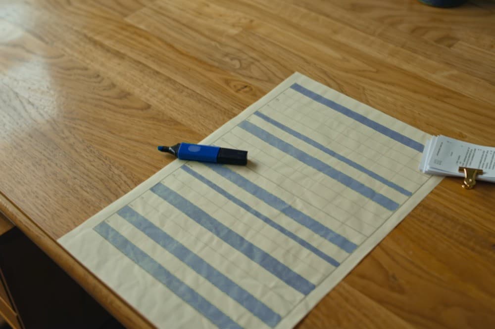 A financial worksheet with a blue highlighter and clipped receipts